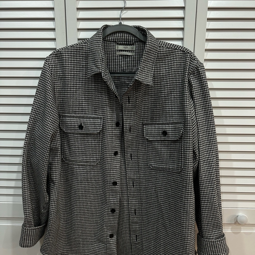 Mango Button-Up Houndstooth Wool Shirt